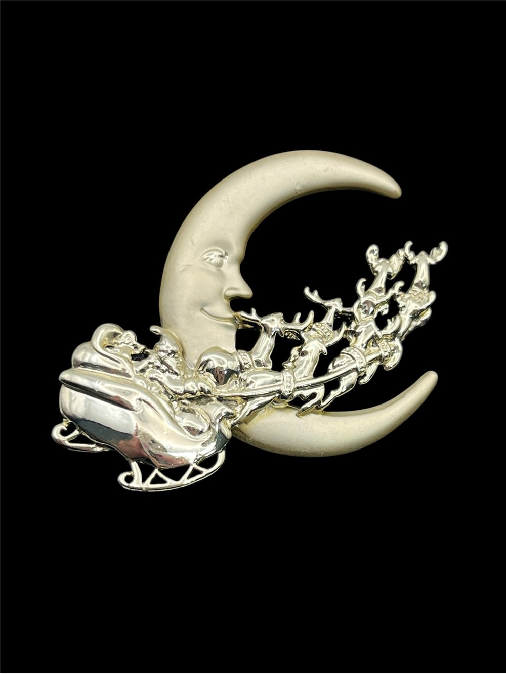 Santa Claus Christmas reindeer sleigh jumping over the moon brooch pin holiday